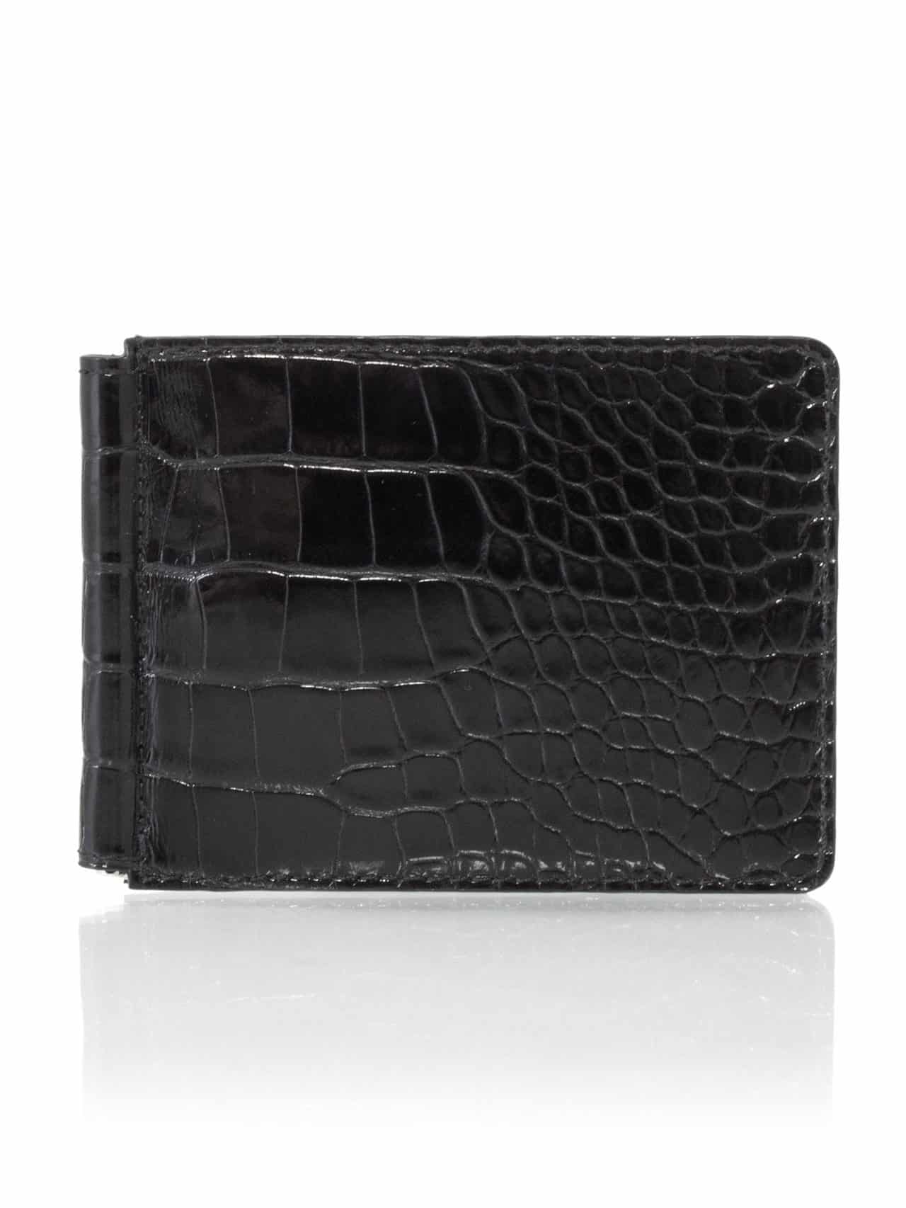 Slim Black Alligator Front Pocket Money Clip Card Holder Pouch