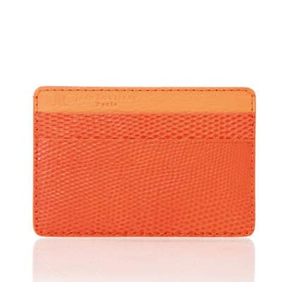 slim card holder leather goods lizard orange