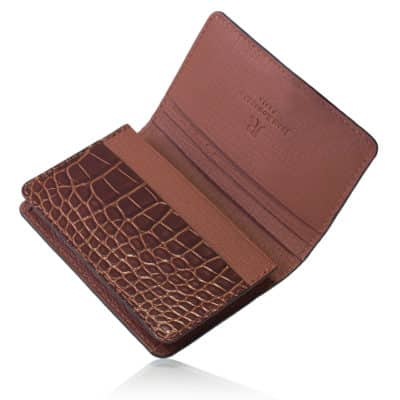 leather goods business card holder brown gold