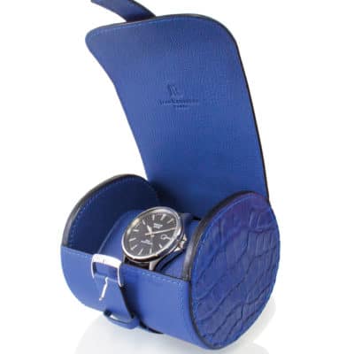 Étui rond 1 montre mix alligator brillant bleu électrique