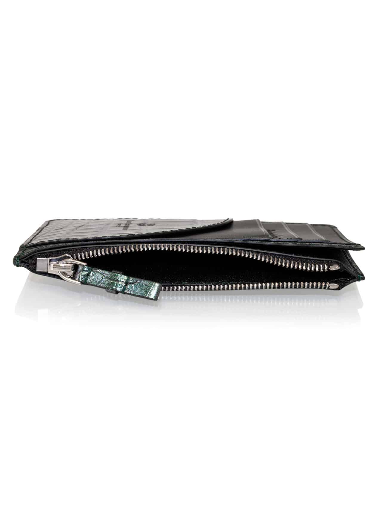 ZIPPED CARD HOLDER IN CROCODILE EMBOSSED CALFSKIN - BLACK