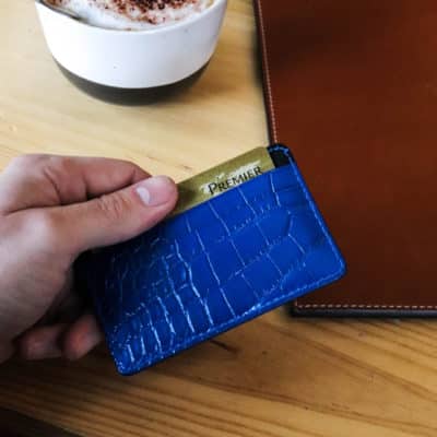 leather goods card holder alligator shiny blue