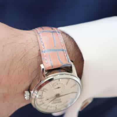 Alligator watch strap pink blue man