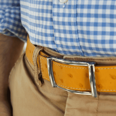 belt ostrich silver buckle blue shirt yellow