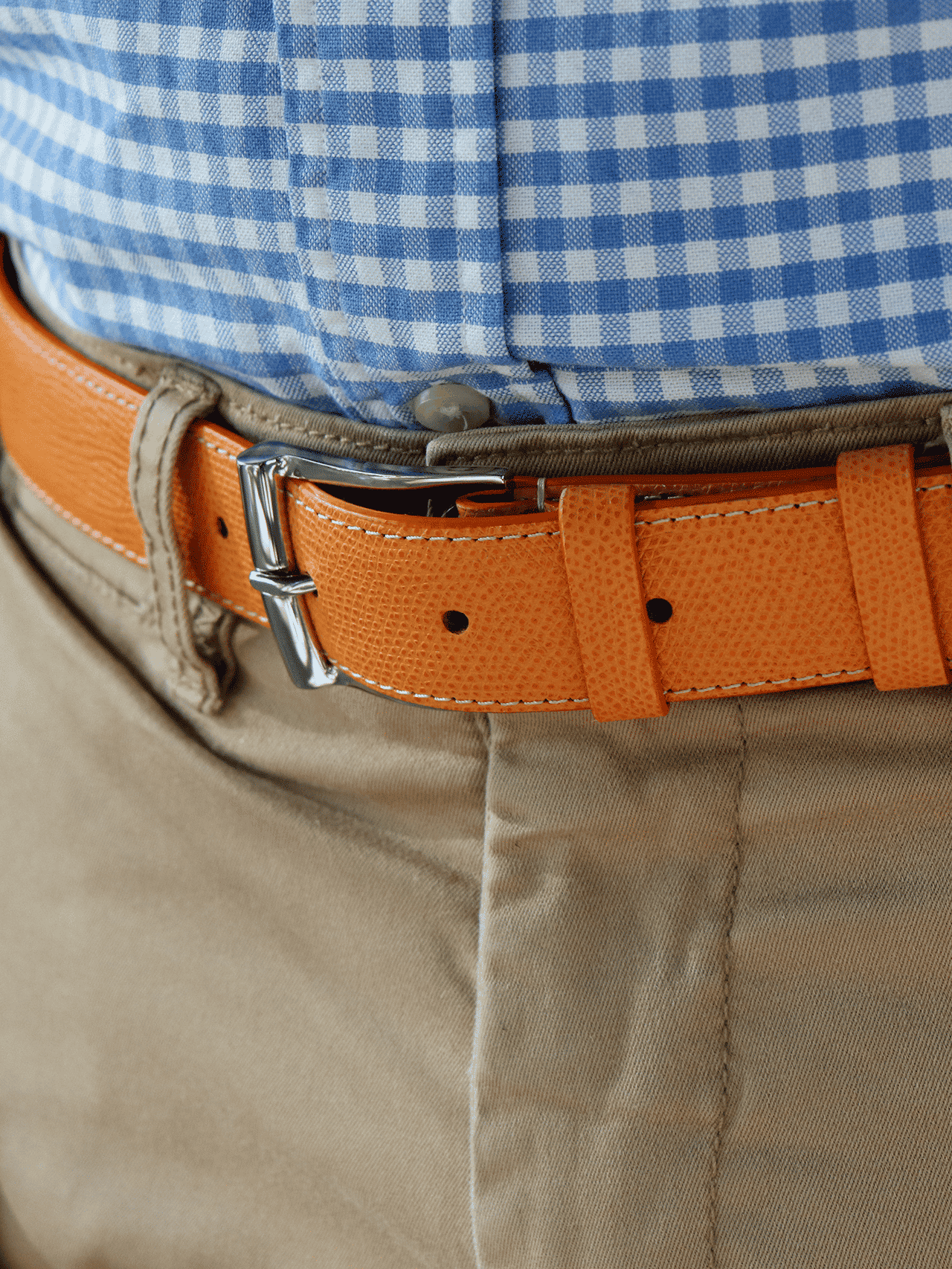 belt calf silver buckle blue shirt orange