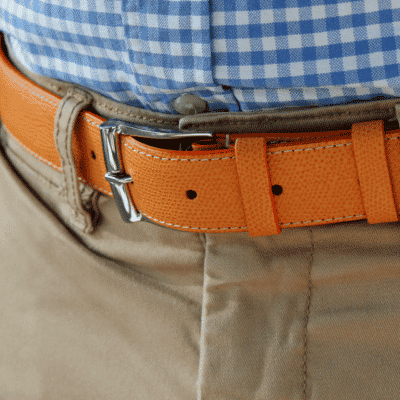 belt calf silver buckle blue shirt orange