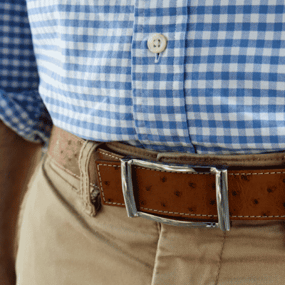 belt ostrich silver buckle blue shirt brown