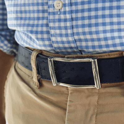 belt ostrich silver buckle blue shirt