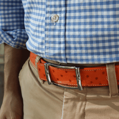 belt ostrich silver buckle blue shirt brown orange