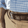 belt crocodile silver buckle blue shirt brown orange