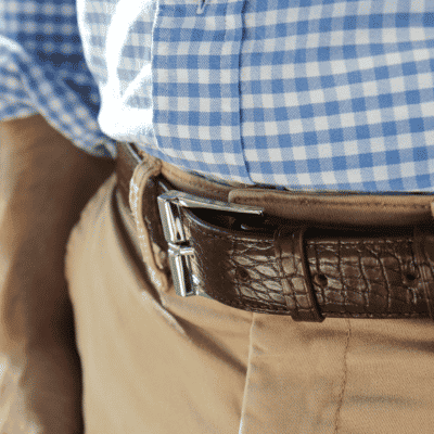 belt crocodile silver buckle blue shirt brown orange