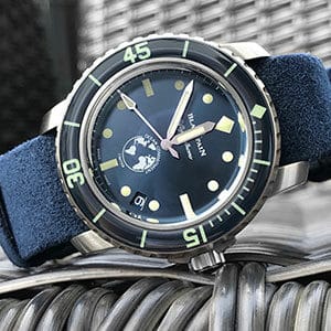 Blancpain Fifty Fathoms with alcantara blue NATO strap