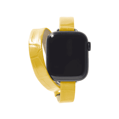 <span class="cat_name">Double wrap Apple Watch strap</span><br><span class="material_name">Shiny alligator</span><br><span class="color_name">Yellow</span>