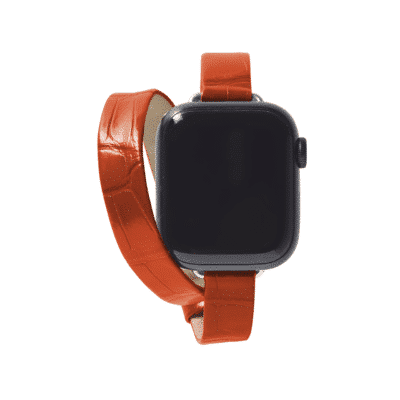 <span class="cat_name">Double wrap Apple Watch strap</span><br><span class="material_name">Shiny alligator</span><br><span class="color_name">Orange</span>