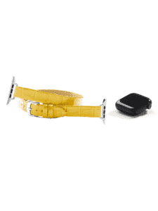 Thin Apple watch strap double wrap shiny alligator yellow