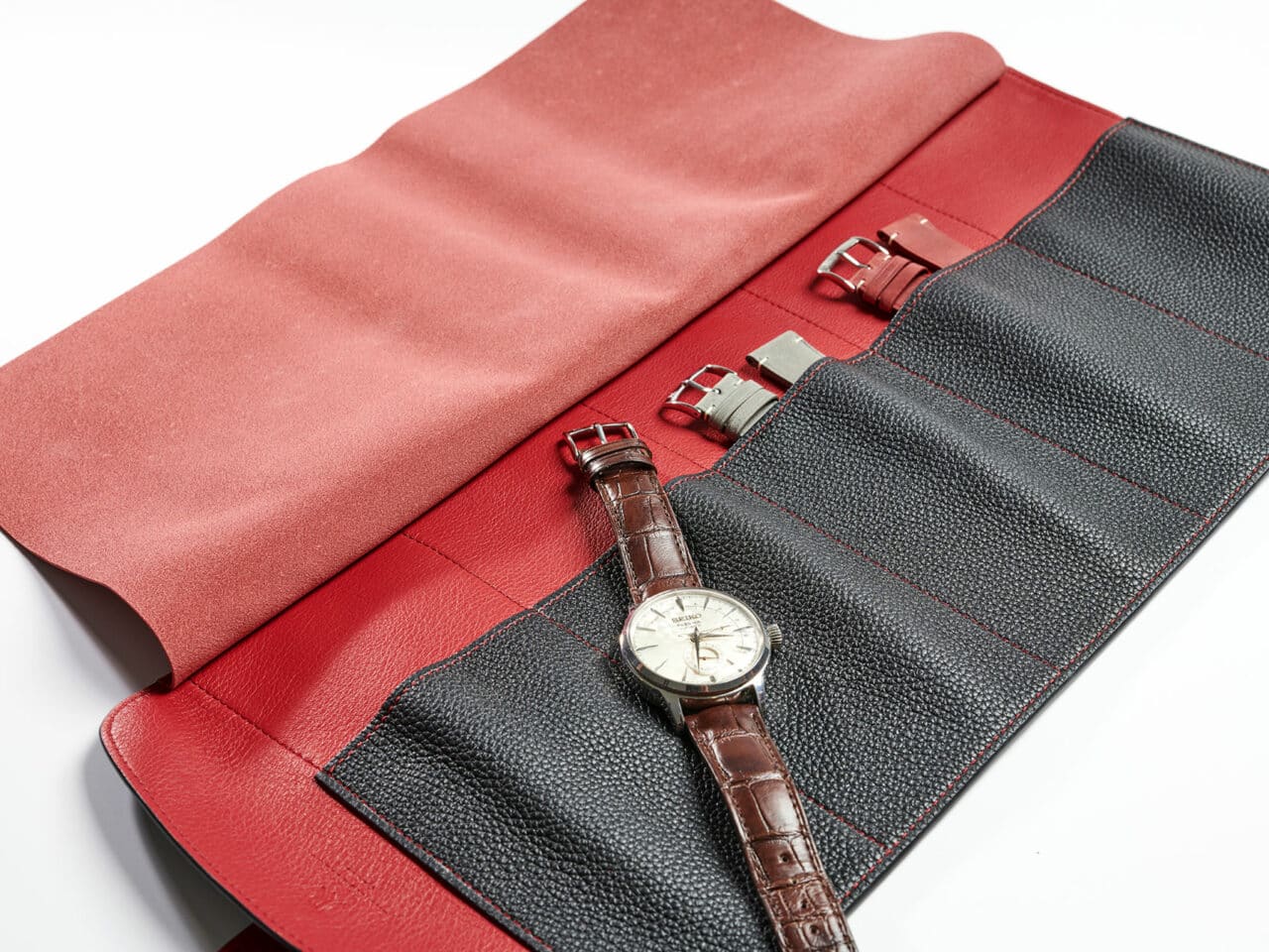 watch roll case red black leather holster travel watch
