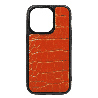 coque iphone 14 cuir crocodile orange